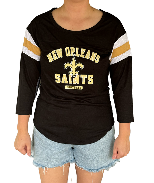 New Orleans Saints Womens Long Sleeve - Black NO Saints Striped Sleeve