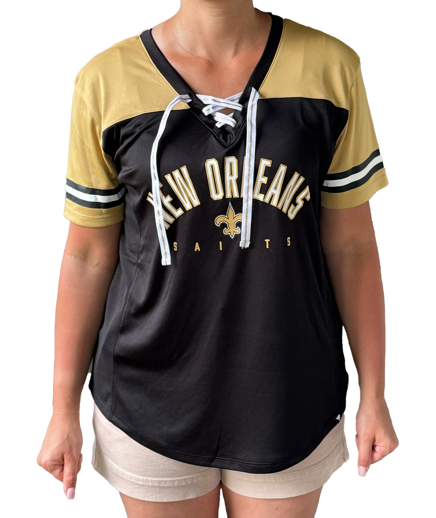 New Orleans Saints Women's Short Sleeve Shirt - Blitz & Glam Lace Up Jersey