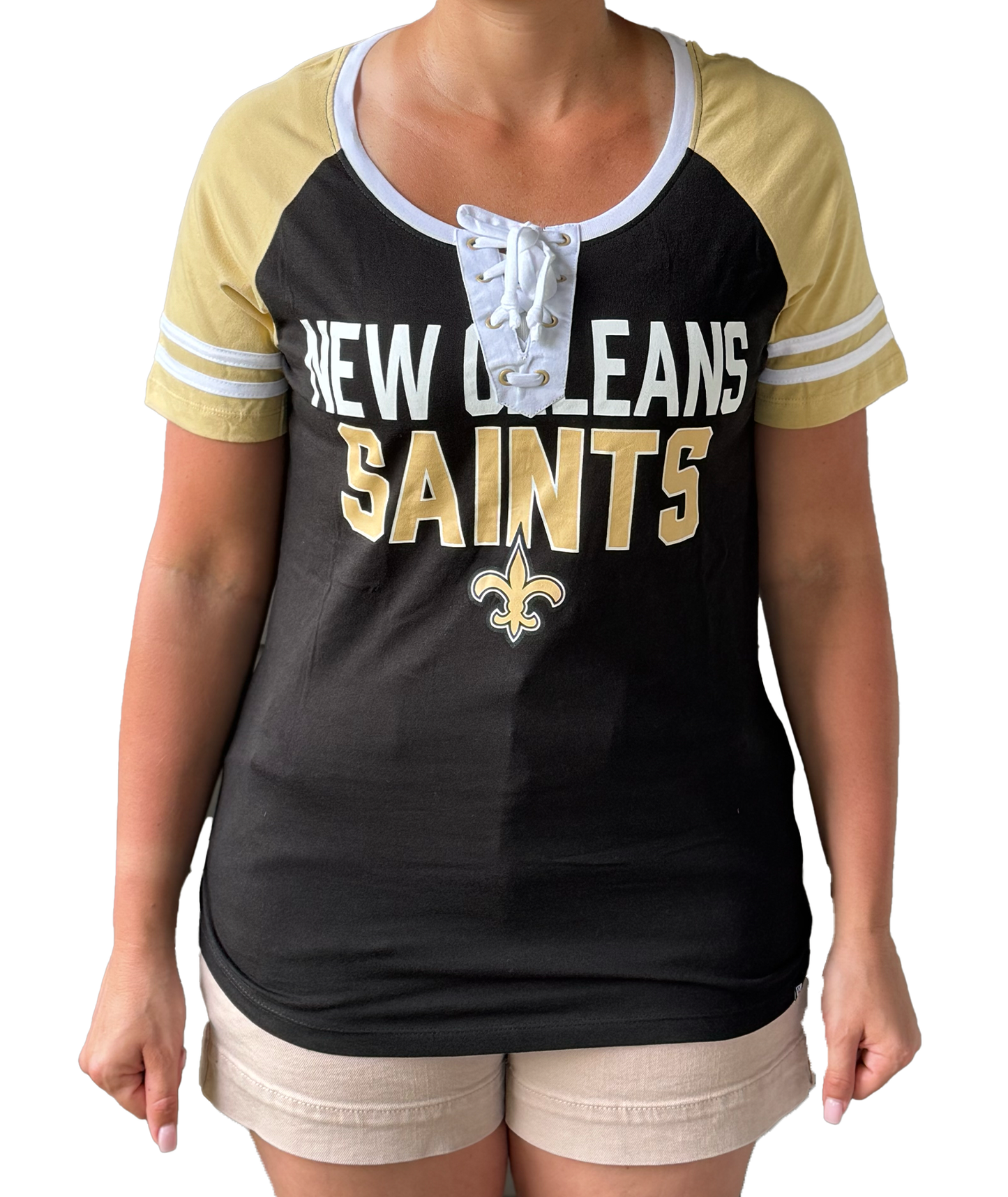 New Orleans Saints Women's Short Sleeve Shirt - Raglan Lace-Up