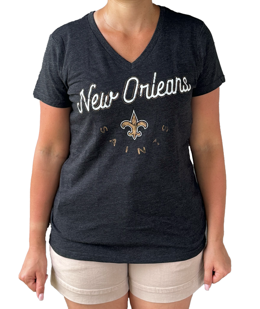 New Orleans Saints Women's Short Sleeve Shirt - V-Neck Charcoal